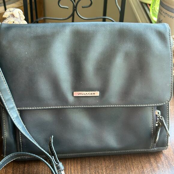 Vintage Villager Liz Claiborne Purse Blue Black Leather small Bag crossbody - Picture 2 of 16